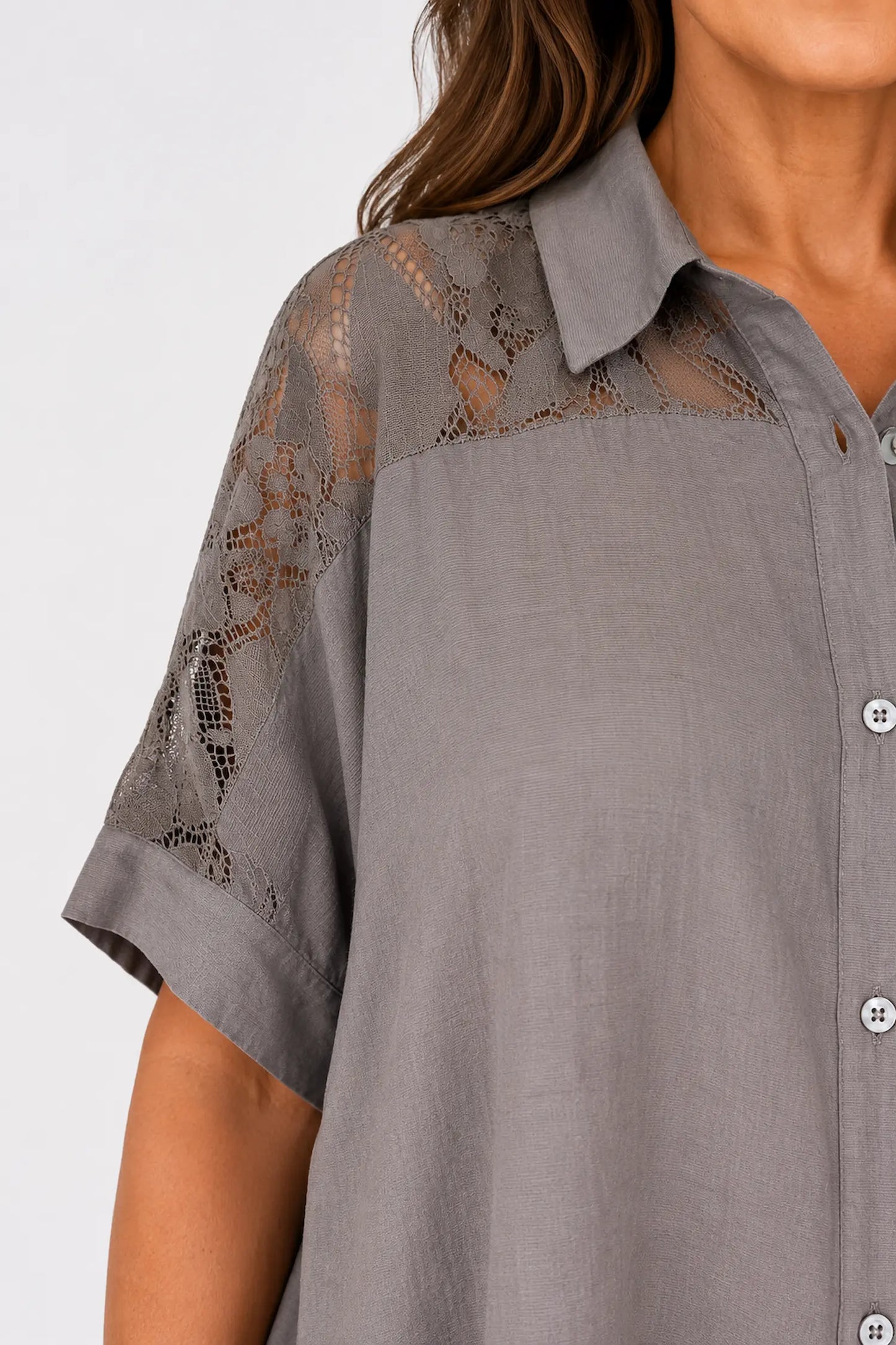 Lace Crochet Shoulder Alexandra Button Shirt - Mocha