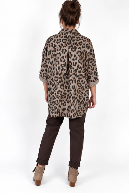 Button Sleeve Twin Faux Pocket Carmella Leopard Button Shirt - Mocha