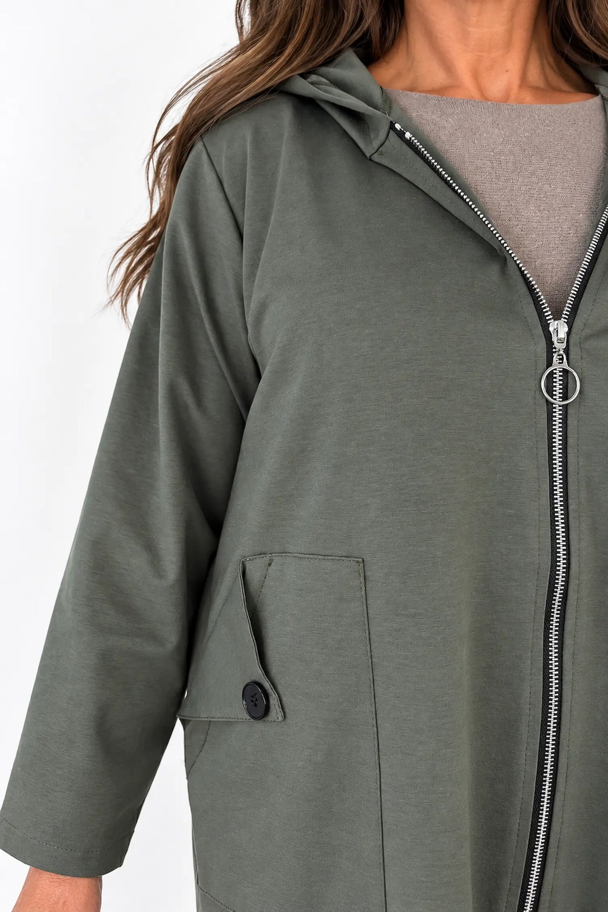 Cotton Button Back Detail Double Button Pocket Marnie Zipped Jacket - Khaki