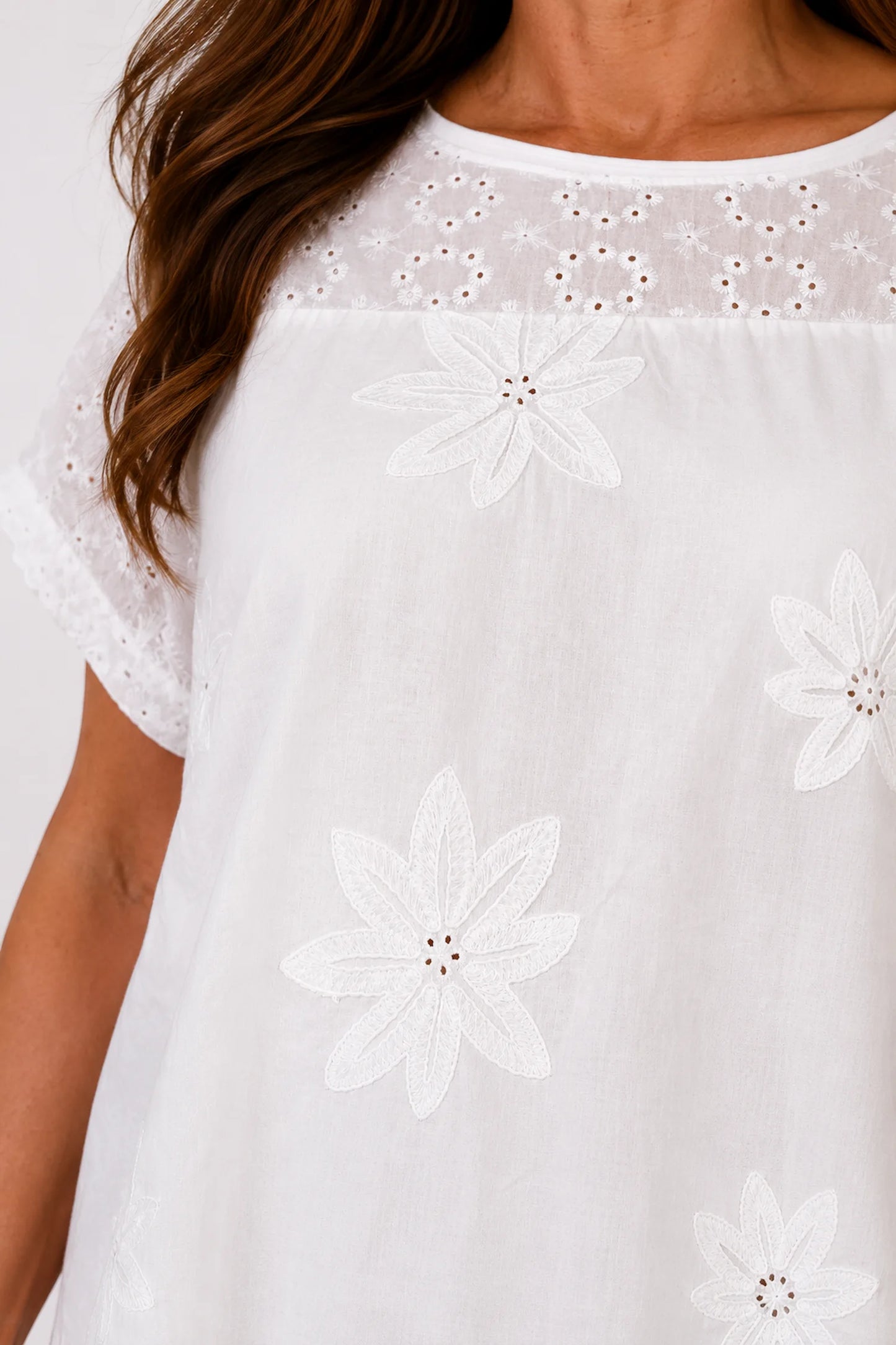 Pure Cotton Floral Embroidery Anglaise Clarissa Top - White