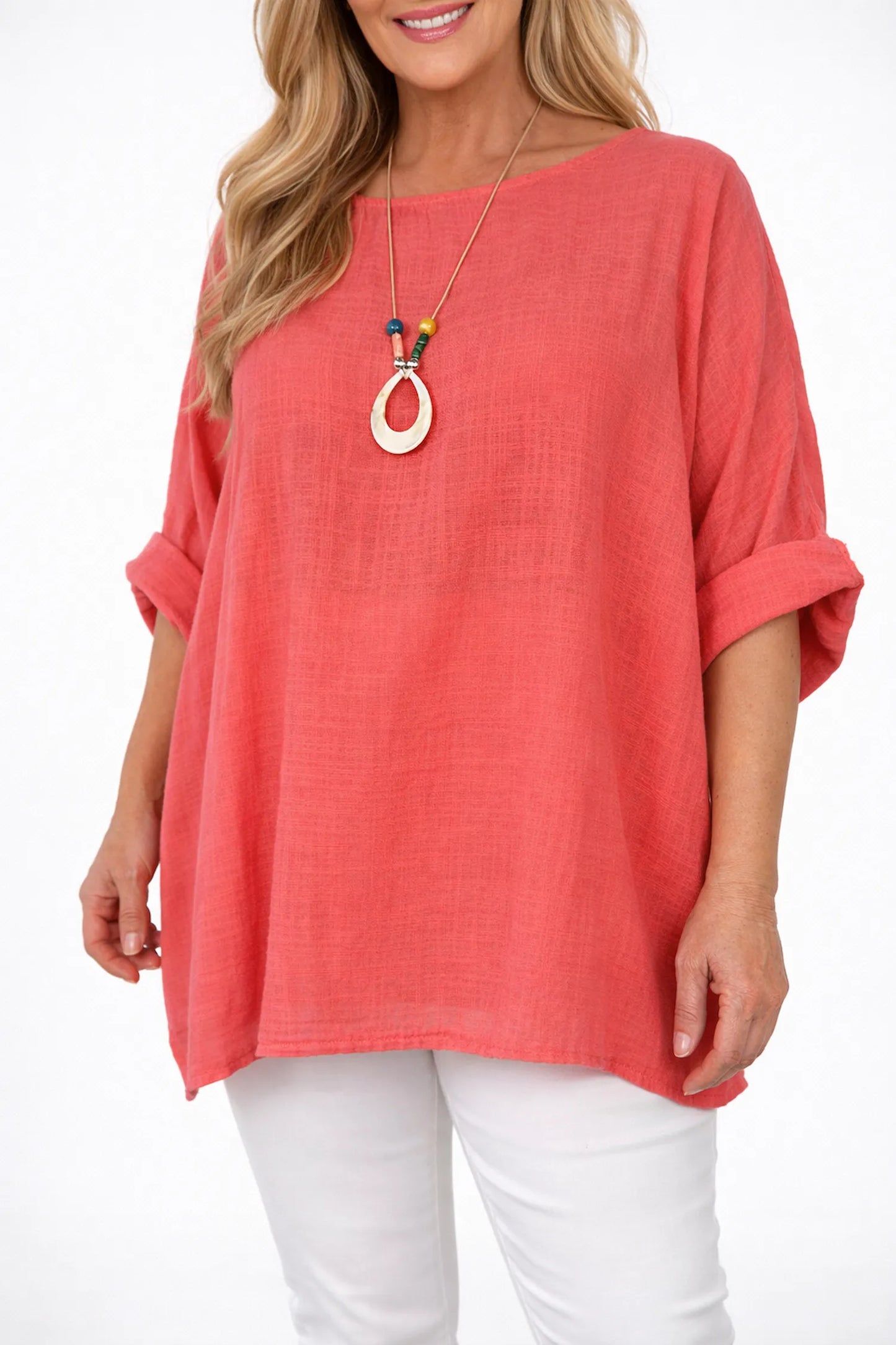 Pure Cotton Linen Look Italia Necklace Top - Coral