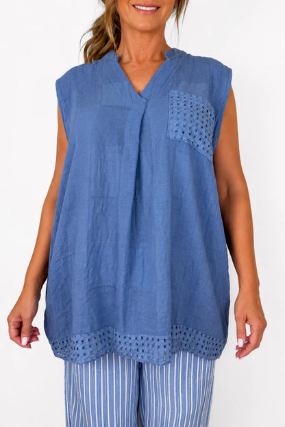 Pure Cotton Mesh Detail Rosetta Pocket Cap Sleeve Top - Denim