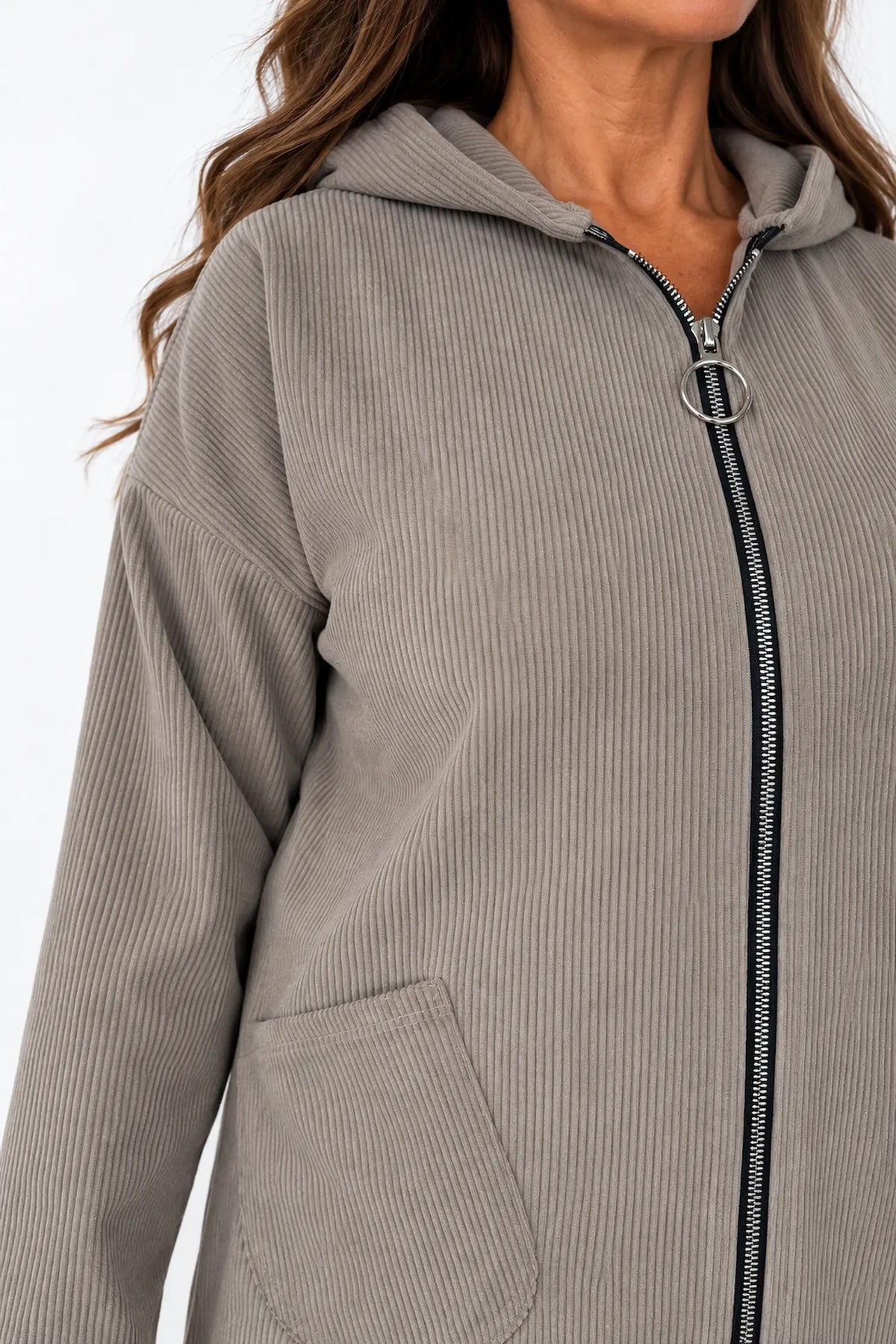 Double Pocket Francis Cord Zipped Hooded Jacket - Mocha