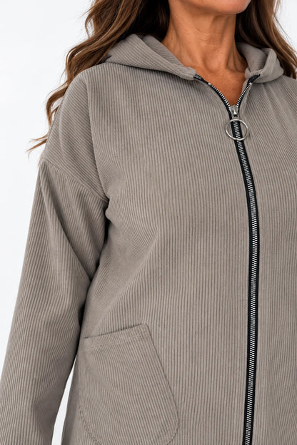 Double Pocket Francis Cord Zipped Hooded Jacket - Mocha