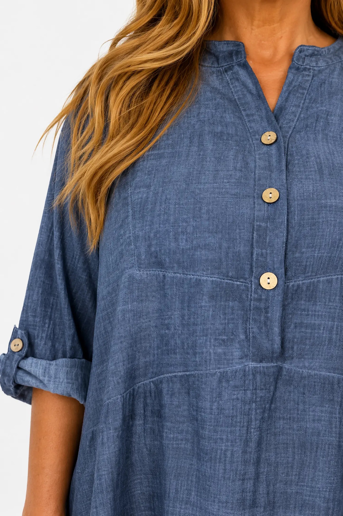 Linen Cotton Blend Button Sleeve Monica Button Shirt - Washed Denim