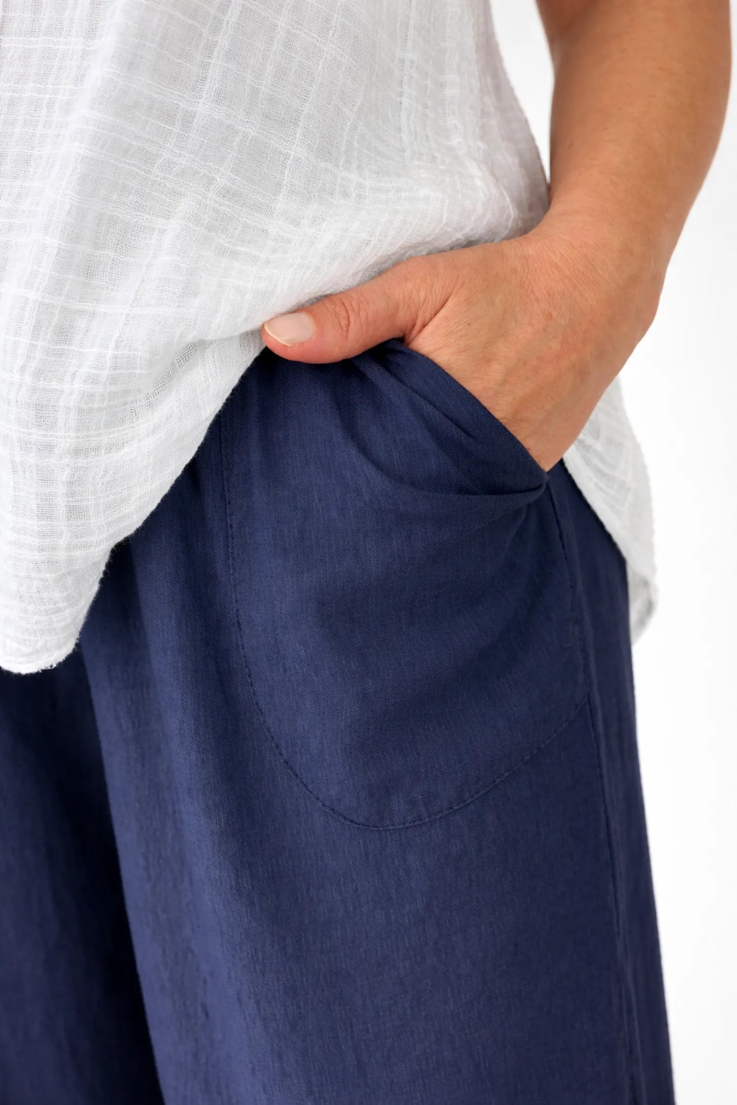 Elasticated Smocked Waist Patch Pocket Milan Wide Leg Pants - Navy