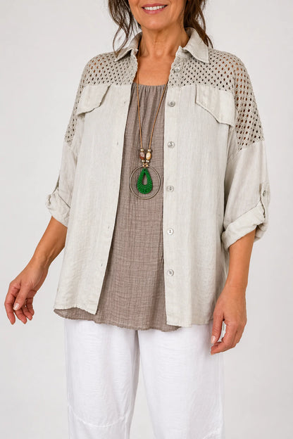 Mesh Detail Double Flap Button Sleeve Florence Button Shirt - Stone