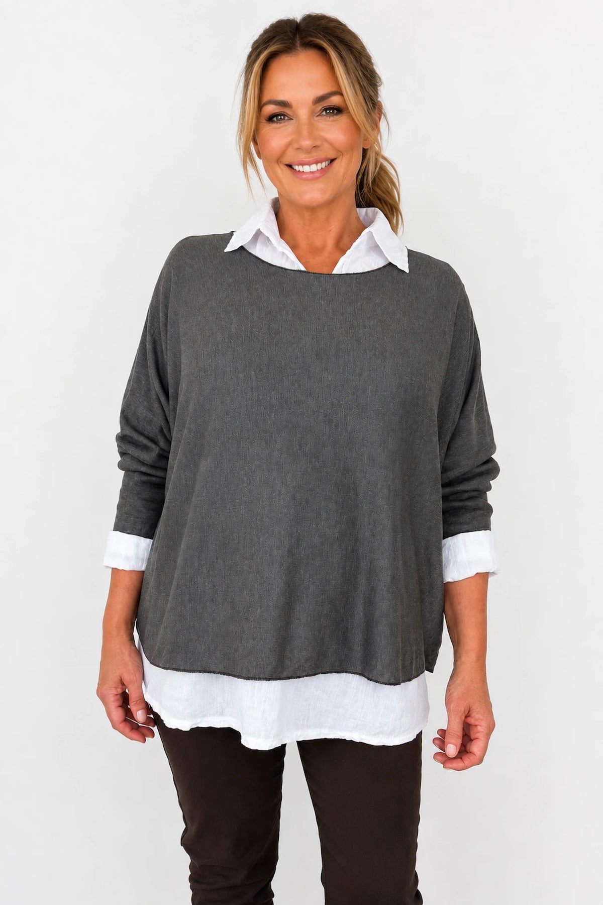 Cotton Fine Knit Two In One Mira Top - Cocoa