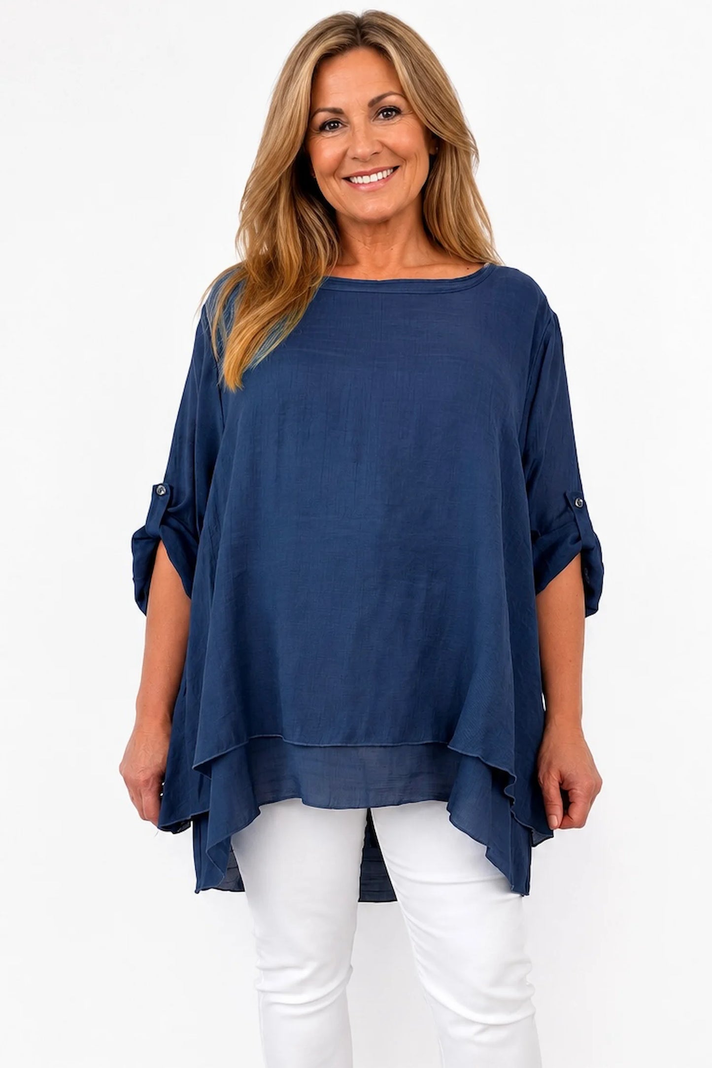 Fully Lined Rosa Button Sleeve Top - Navy