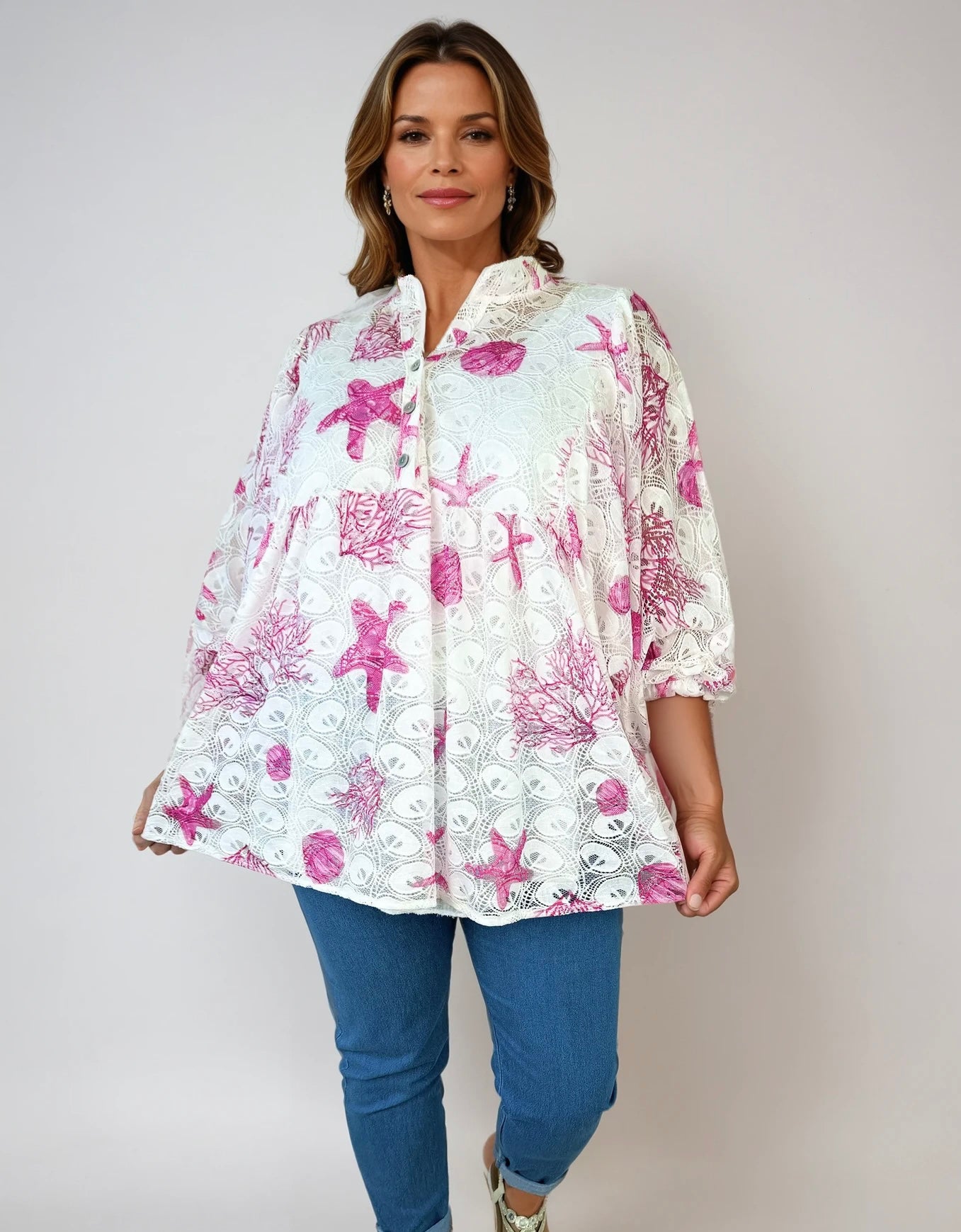 Embroidery Anglaise Crochet Berela Batwing Shirt - Lipstick Pink