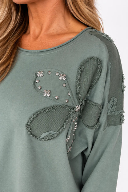 Cotton Emalise Frayed Edge Floral Top - Khaki