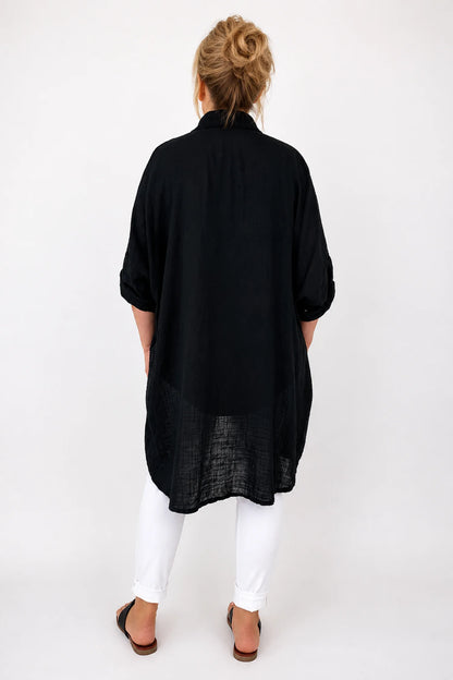 Pure Cotton Button Sleeve     Cressida Button Shirt - Black