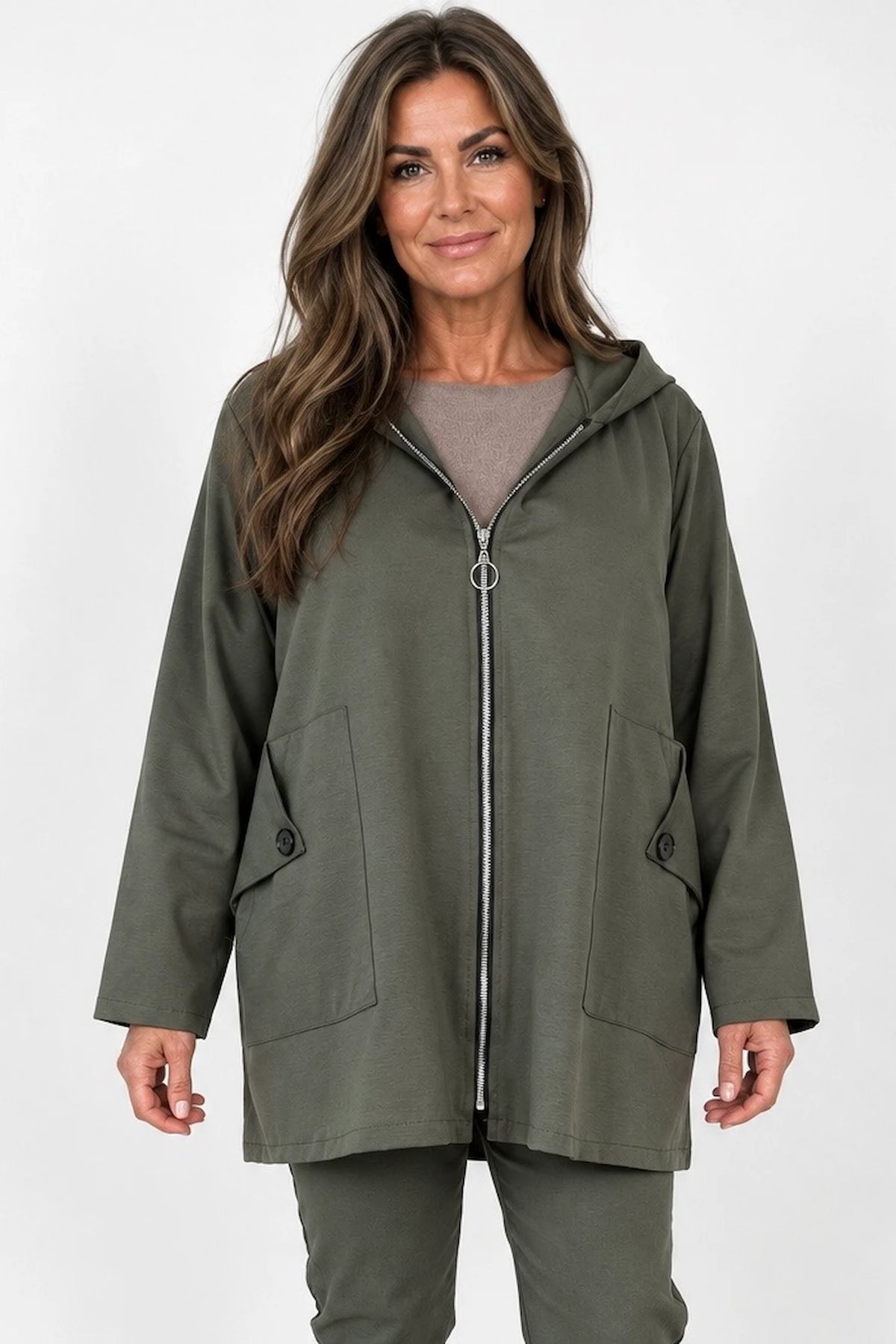 Cotton Button Back Detail Double Button Pocket Marnie Zipped Jacket - Khaki