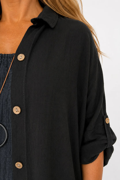 Button Sleeve Maxine Longline Button Shirt - Black