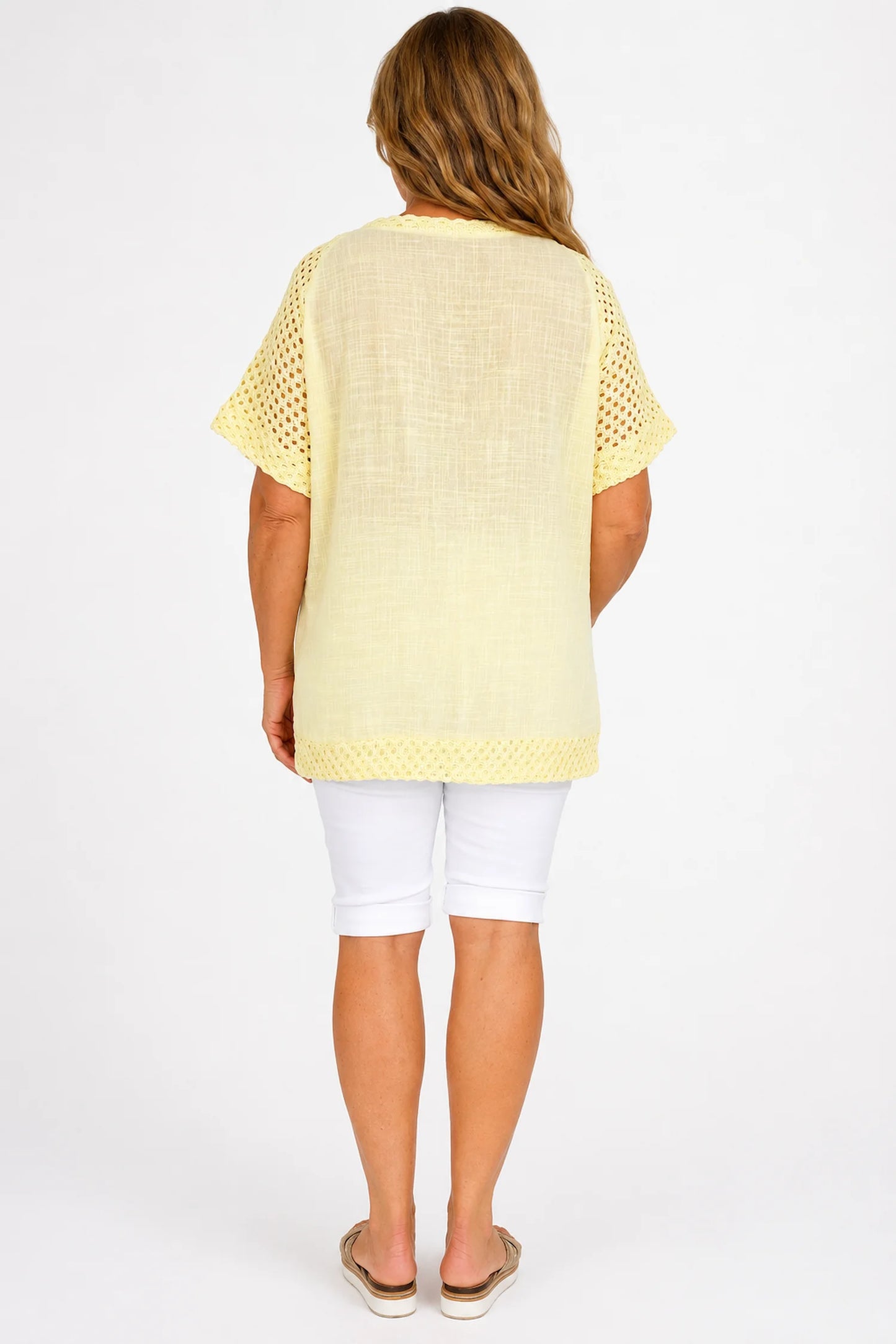 Pure Cotton Crochet Detail Button Pocket Palermo Top - Lemon