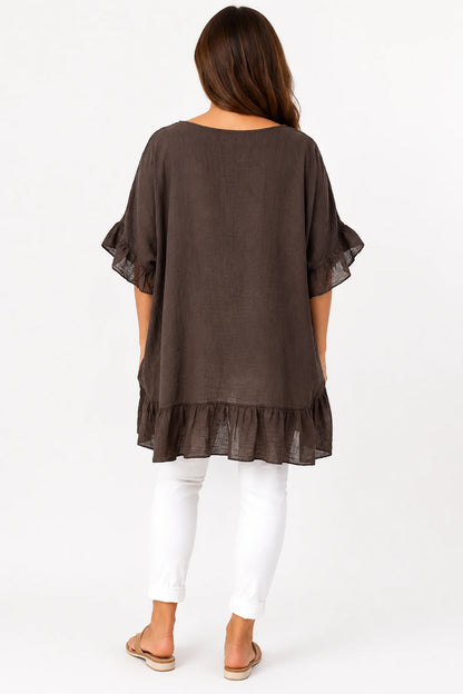 Pure Cotton Anita Frill Top - Chocolate