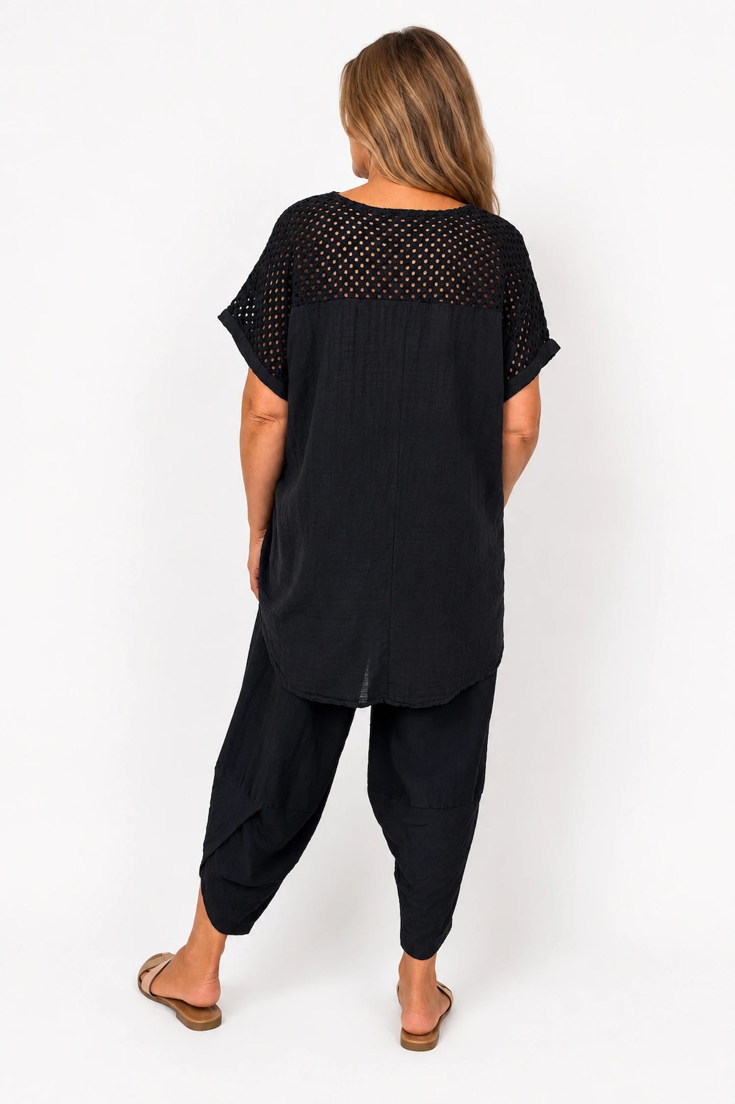 Pure Cotton Crochet Detail Francesca Necklace Top - Black