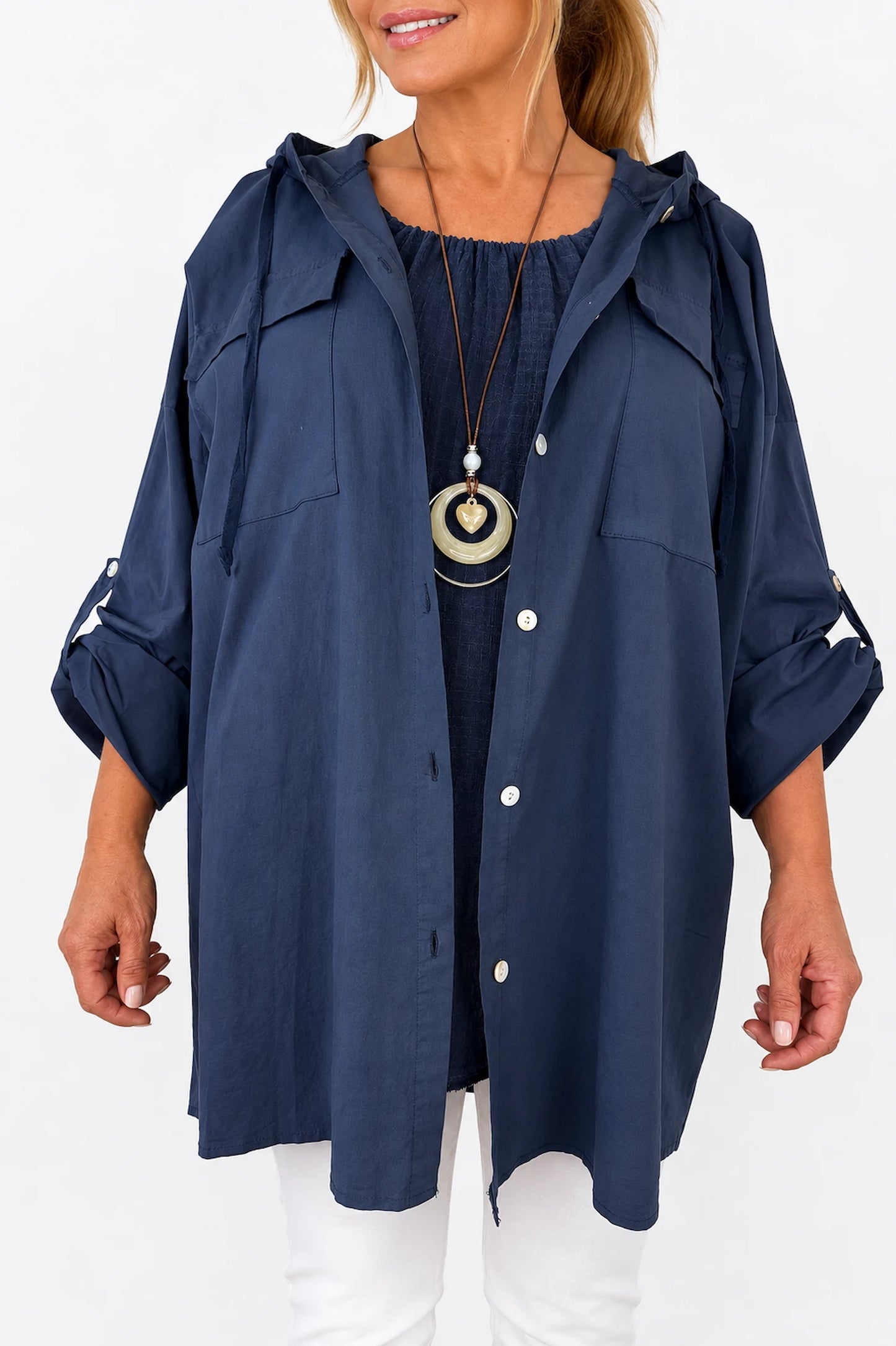 Cotton Double Flap Pocket Button Sleeve Izzy Hooded Overshirt - Navy