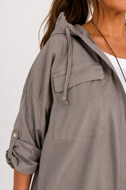 Cotton Double Flap Pocket Button Sleeve Izzy Hooded Overshirt - Mocha