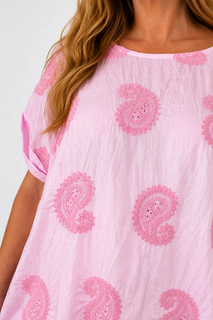 Embroidered Paisley Lightly Textured Eliza Top - Baby Pink