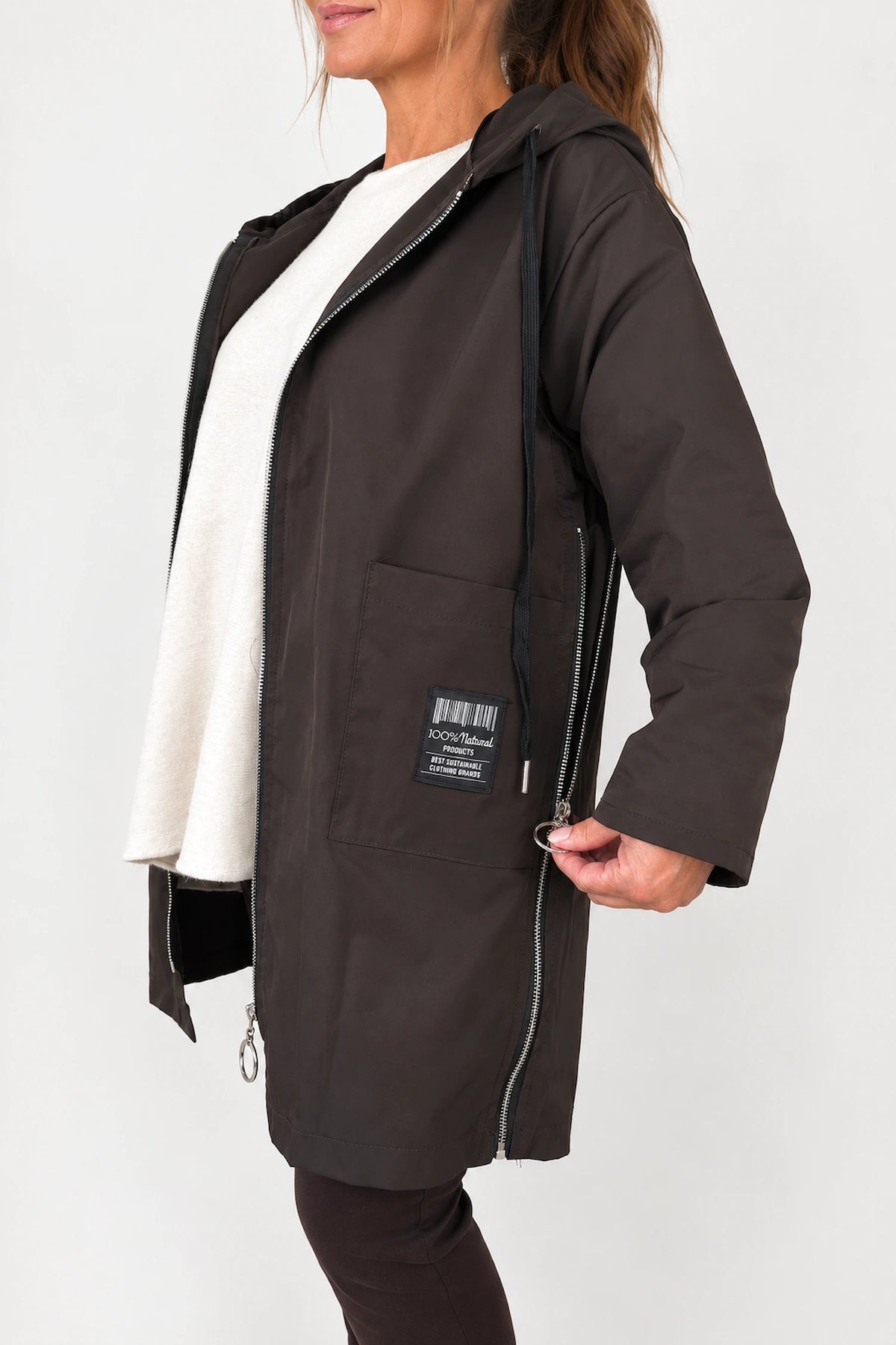 Double Pocket Badge Detail Adjustable Fit Side Zip Florenzi Lightweight Coat - Chocolate