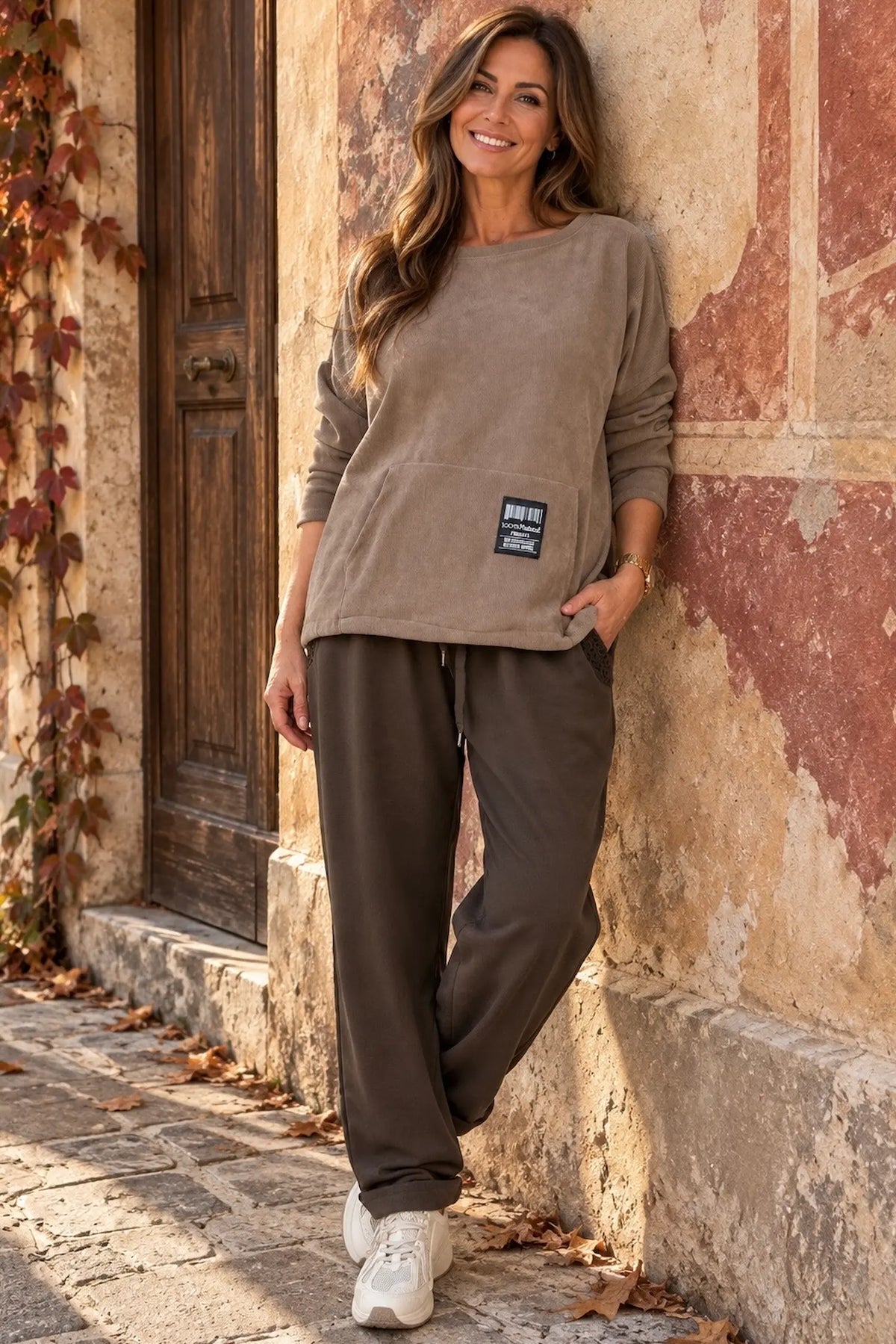 Premium Weight Cotton Crochet Pocket Detail Taliana Joggers - Mocha