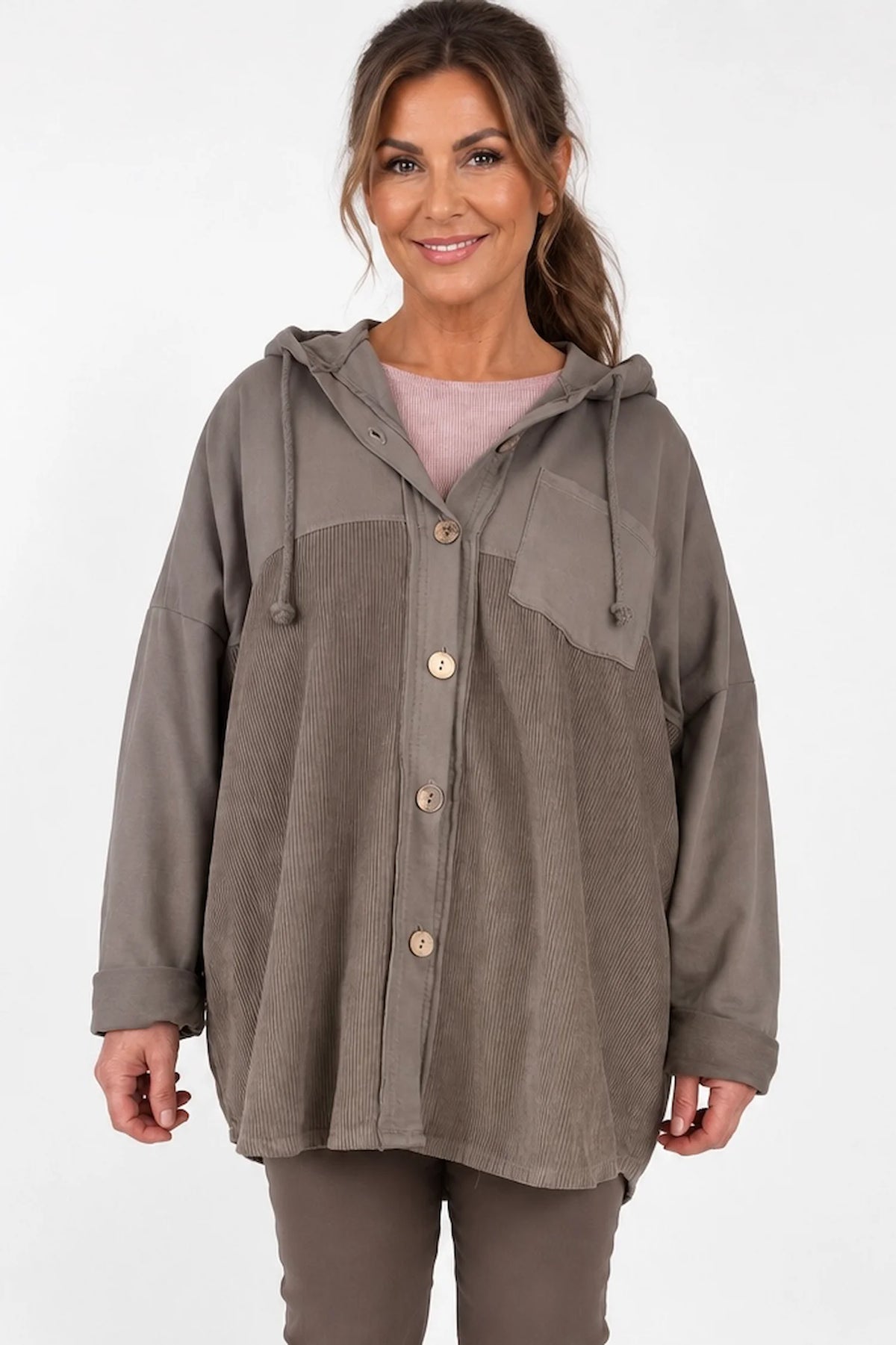 Pure Cotton Cord Patch Pocket Connie Button Hooded Jacket - Mocha