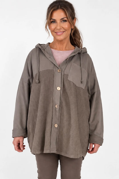 Pure Cotton Cord Patch Pocket Connie Button Hooded Jacket - Mocha