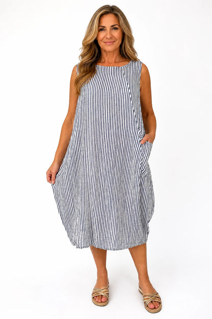 Cotton Double Pocket Pinstripe Elizabeth Dress - White