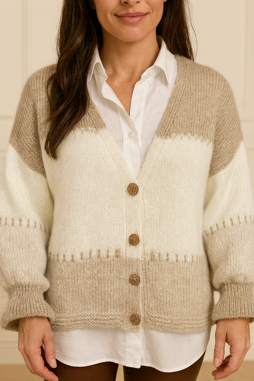 Premium Knit Gold Button Vitala Cardigan - Oatmeal/Cream/Beige
