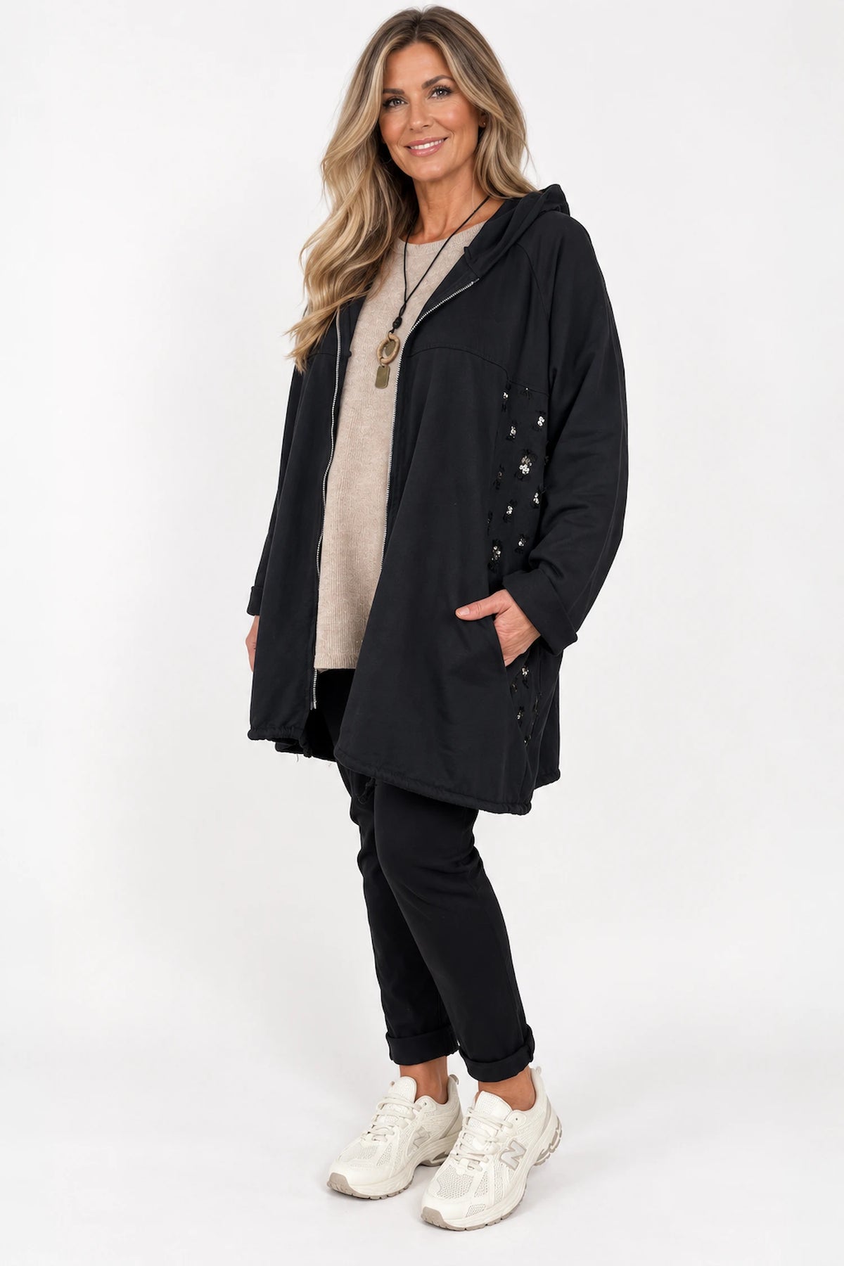 Cotton Gold Stitch Detail Zipped Florenzi Hooded Jacket - Black
