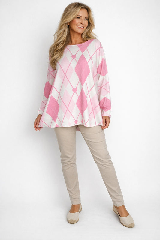 Premium Spring Knit Argyle Heart Florentina Seam Sleeve Top - Soft Rose Pink/Pale Pink