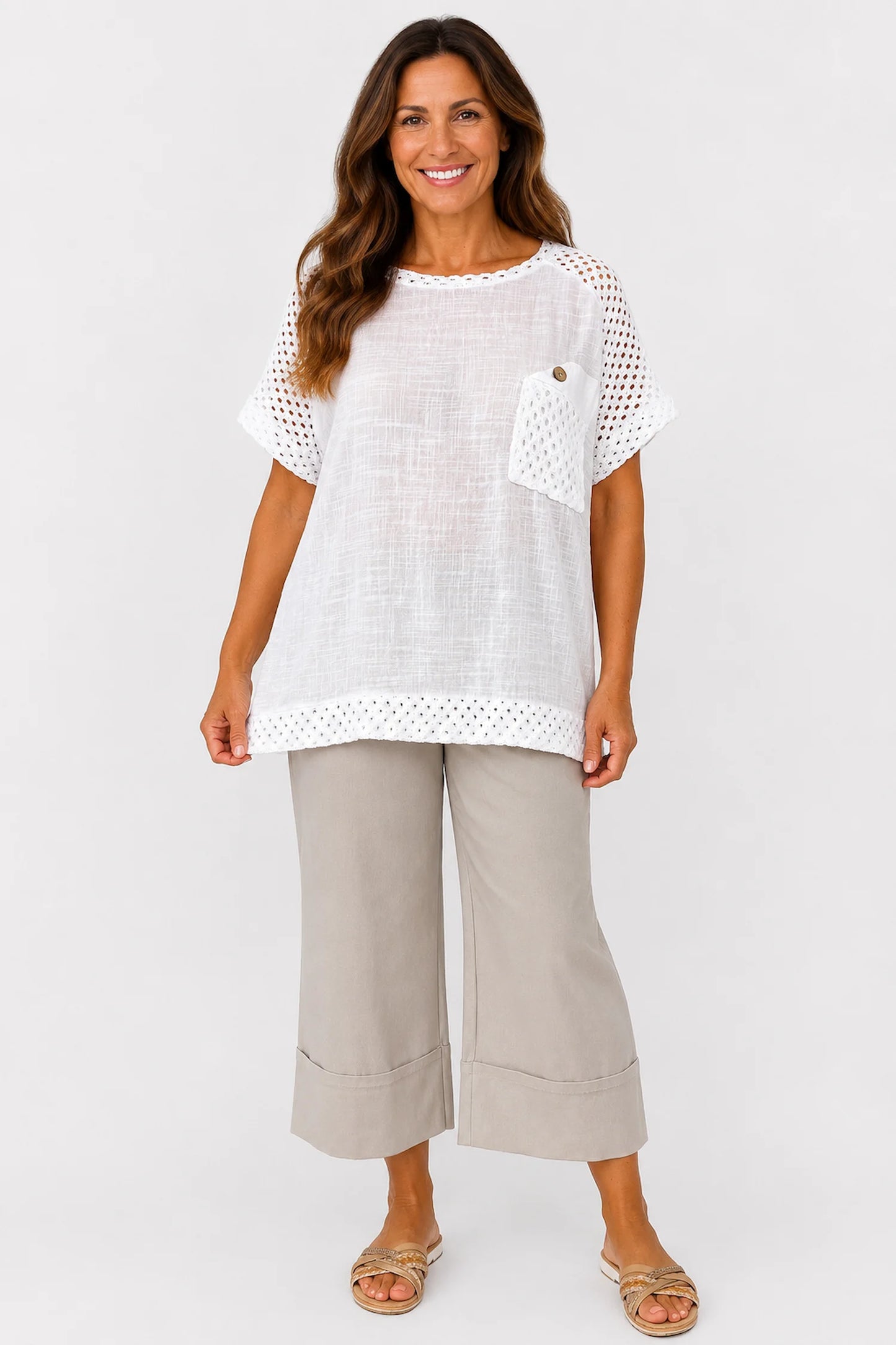 Pure Cotton Crochet Detail Button Pocket Palermo Top - White