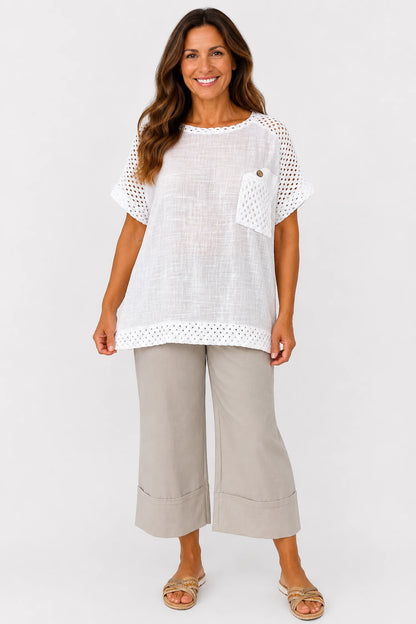 Pure Cotton Crochet Detail Button Pocket Palermo Top - White