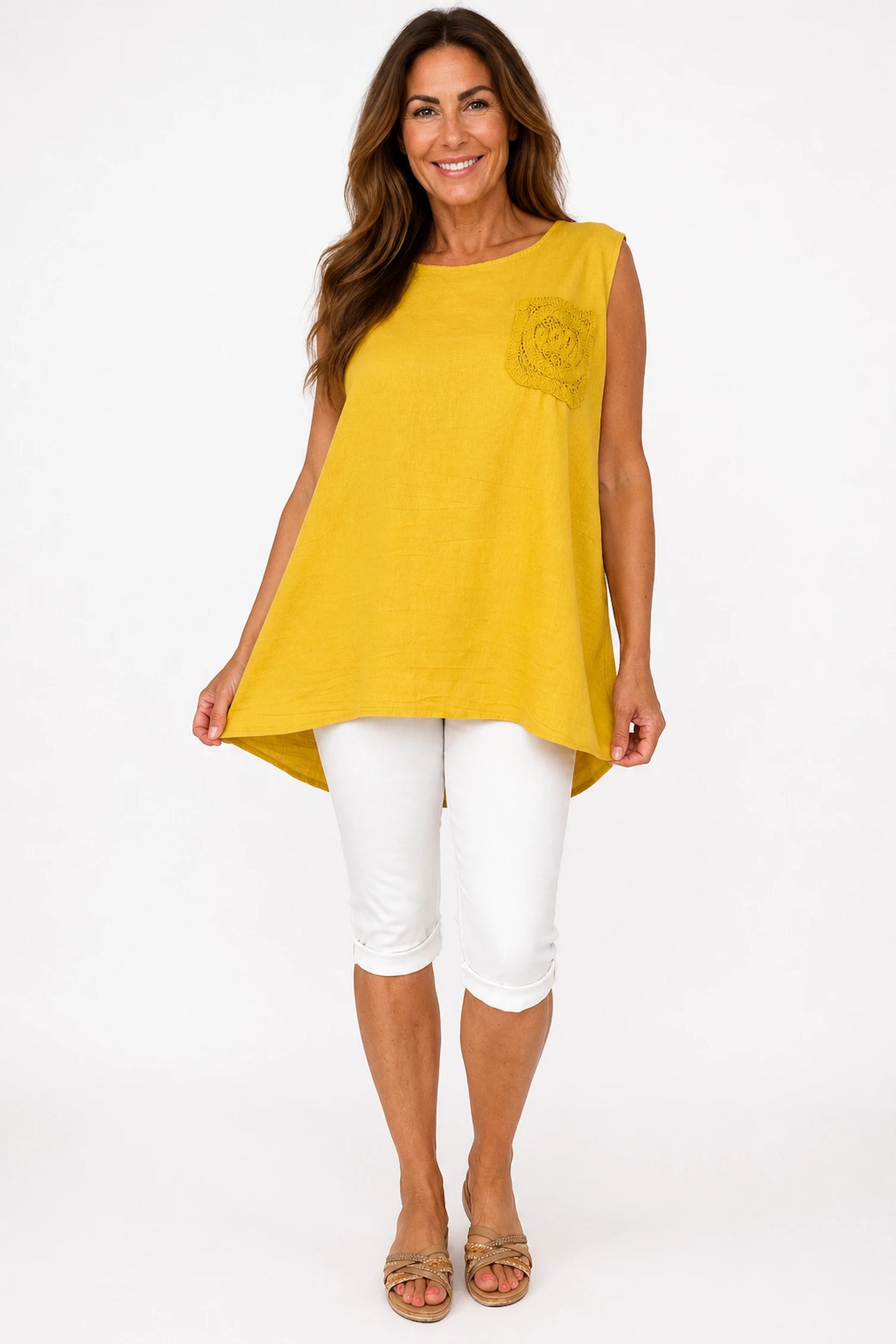 Linen Cotton Mix Button Back Embroidered Crochet Pocket Primrose Vest - Mustard