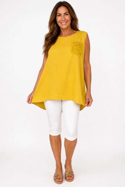 Linen Cotton Mix Button Back Embroidered Crochet Pocket Primrose Vest - Mustard