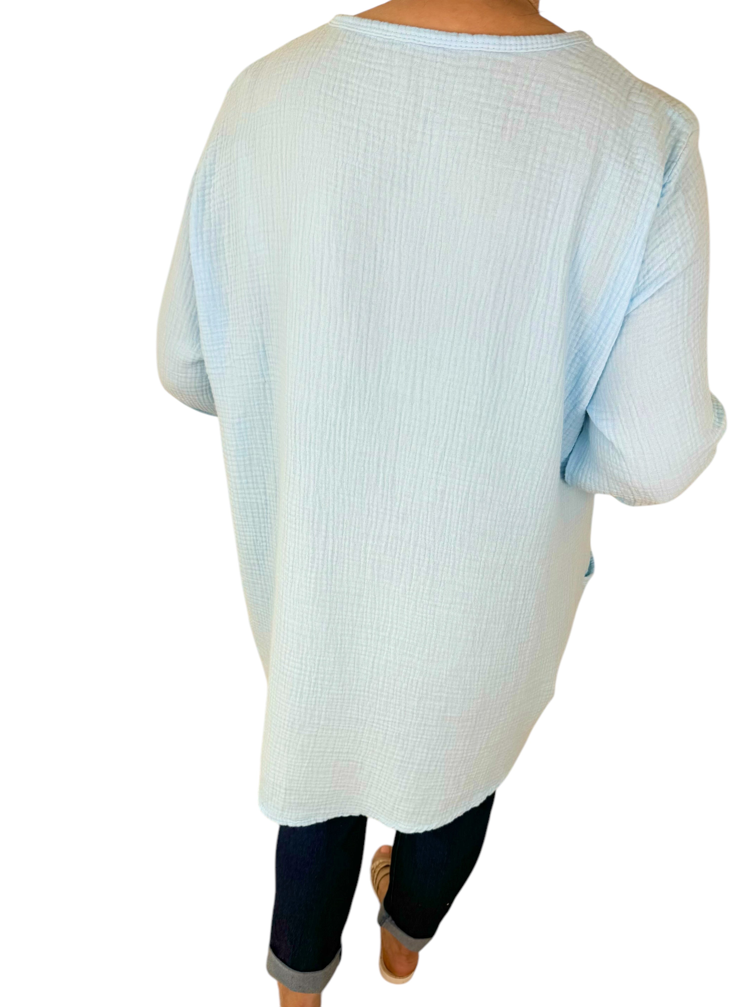 Pure Bubble Cotton Double Button Pocket Telia Necklace Top - Baby Blue