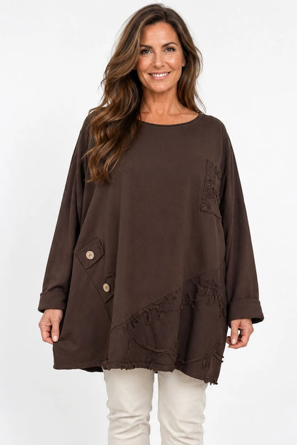 Cotton Button Detail Embroidery Anglaise Needlecord Hem Italia Top - Chocolate