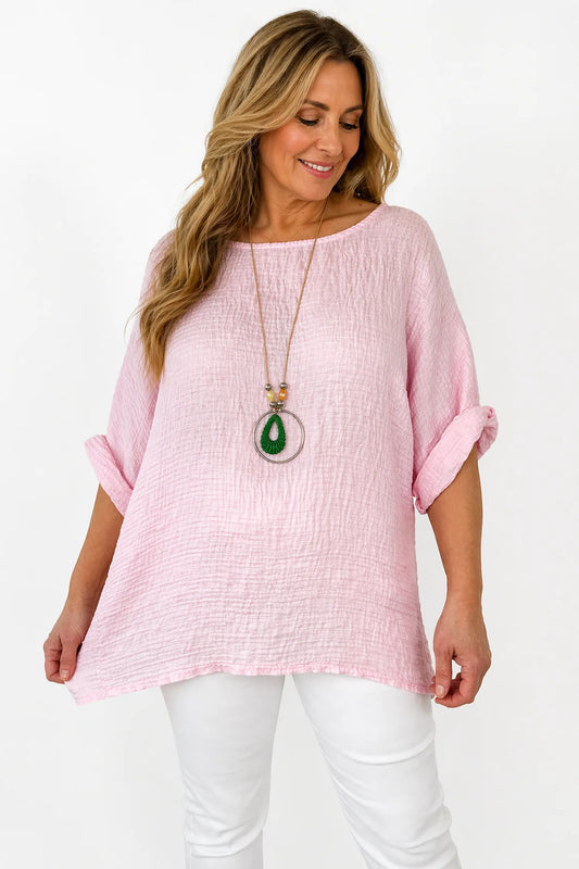 Lightweight Soft Crinkle Texture Lunae Necklace Top - Baby Pink