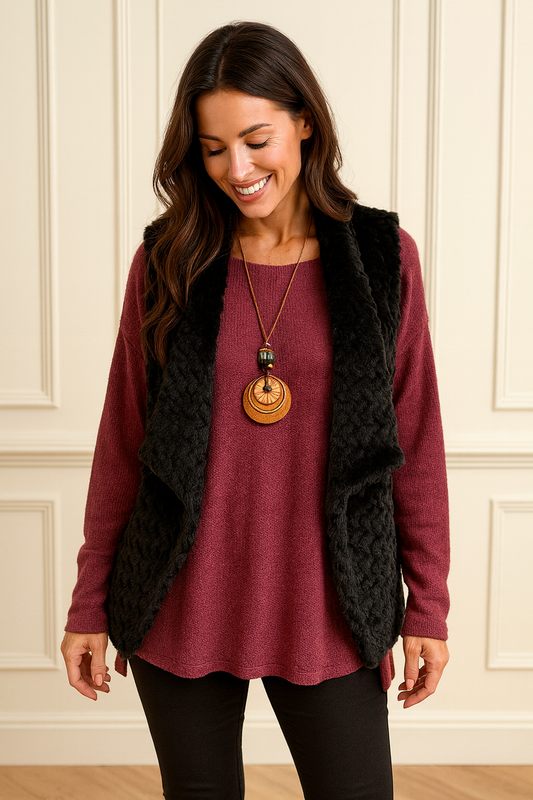 Faux Fur Double Pocket Paris Gillet - Black