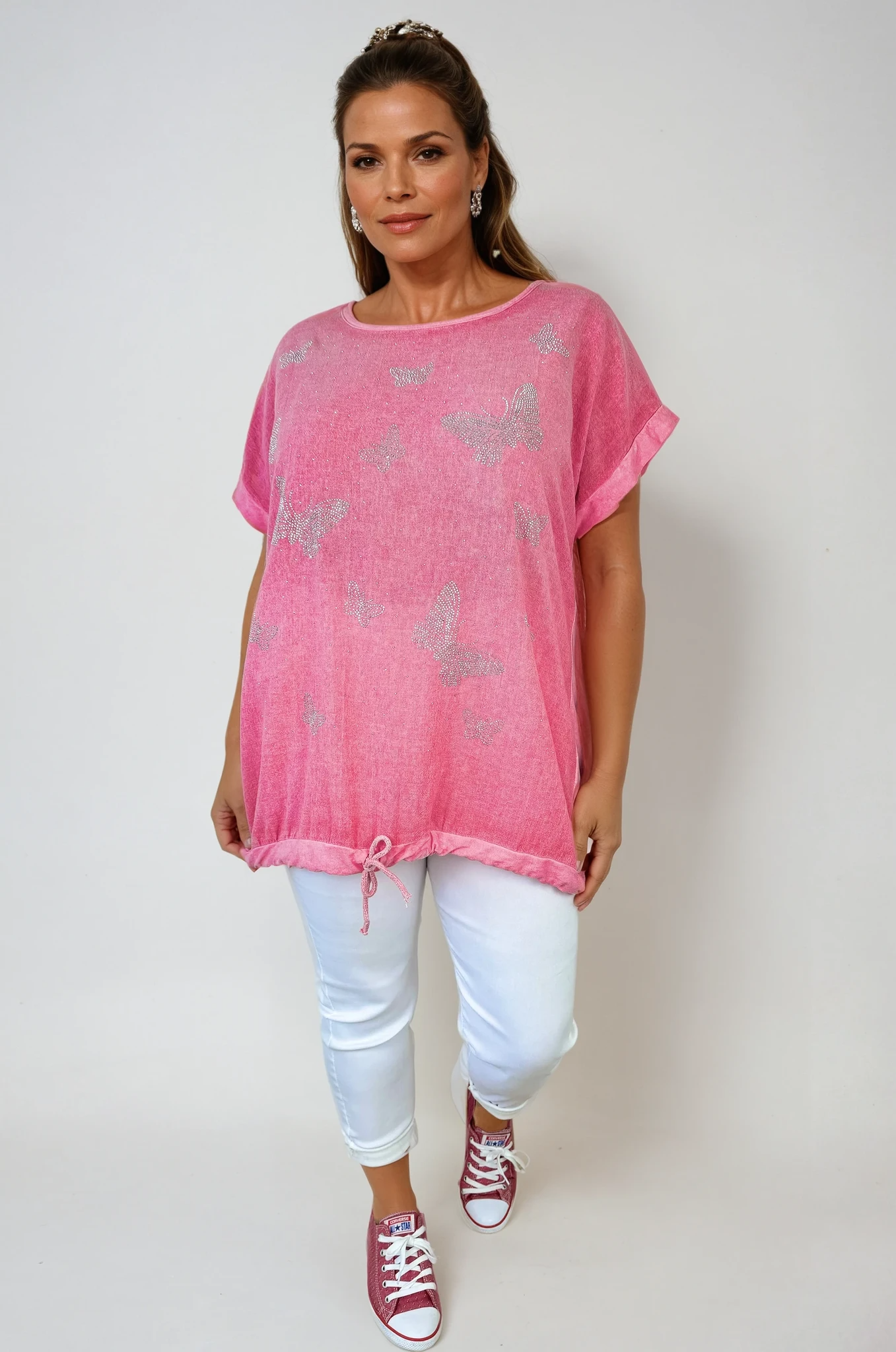 Linen Mix Diamanté Butterfly Tied Detail Top - French Pink