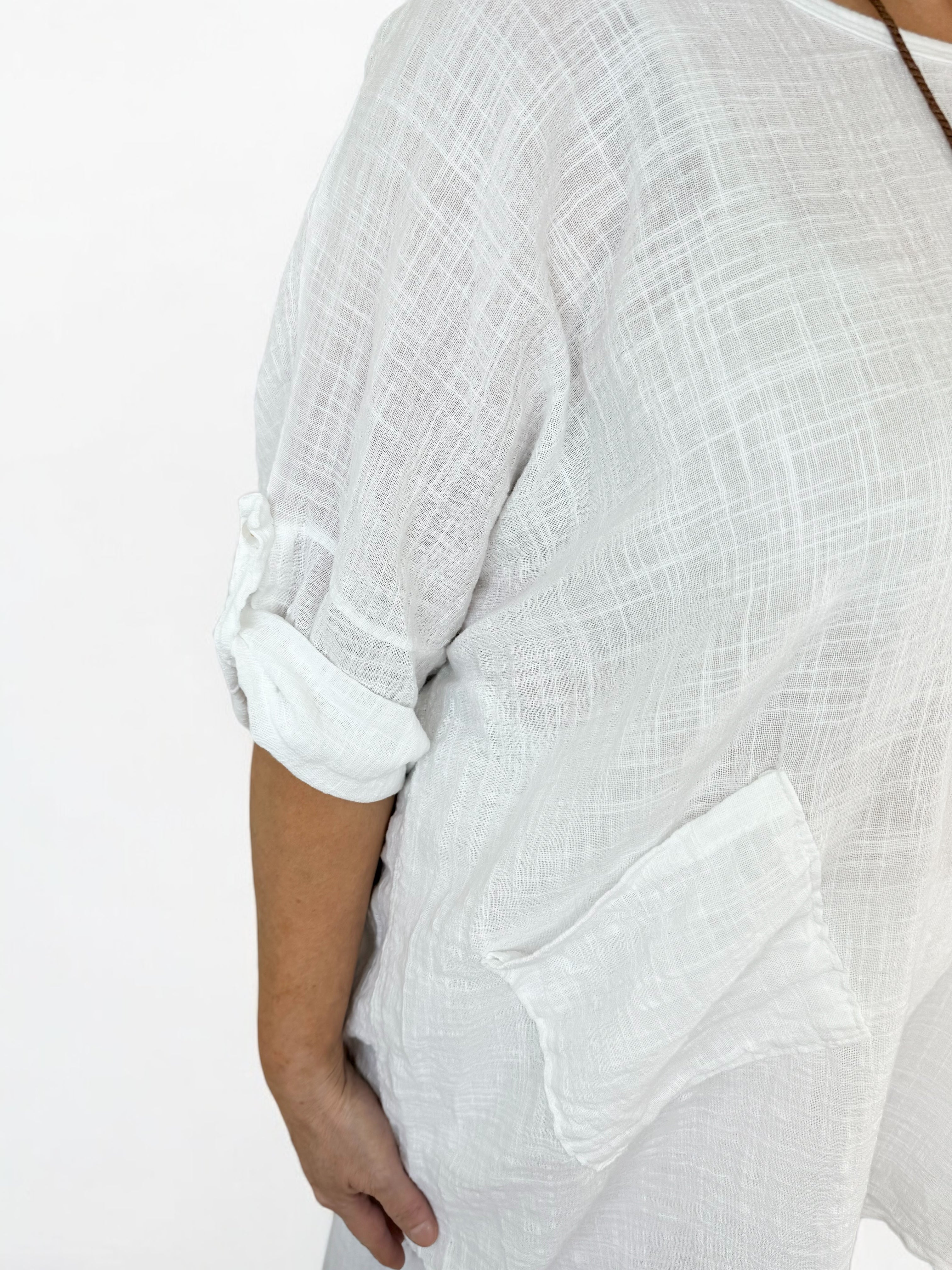 Pure Cotton Pocket Detail Button Sleeve Venice Necklace Top - White