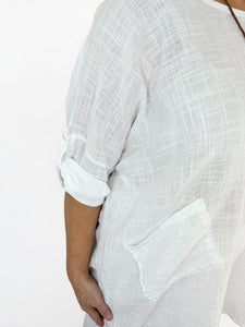 Pure Cotton Pocket Detail Button Sleeve Venice Necklace Top - White