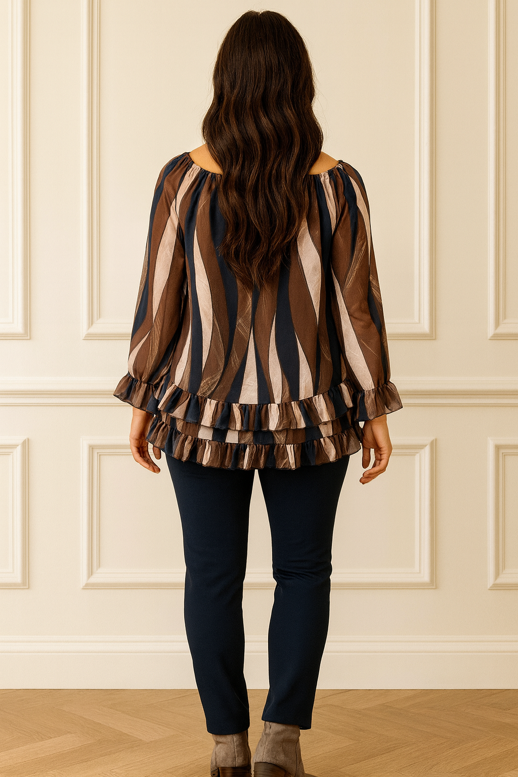 Fully Lined Frill Detail Florence Chiffon Top - Navy/Chocolate/Mocha/Beige