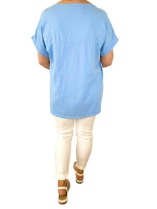 Cotton Metallic Flower Italia Top - Baby Blue