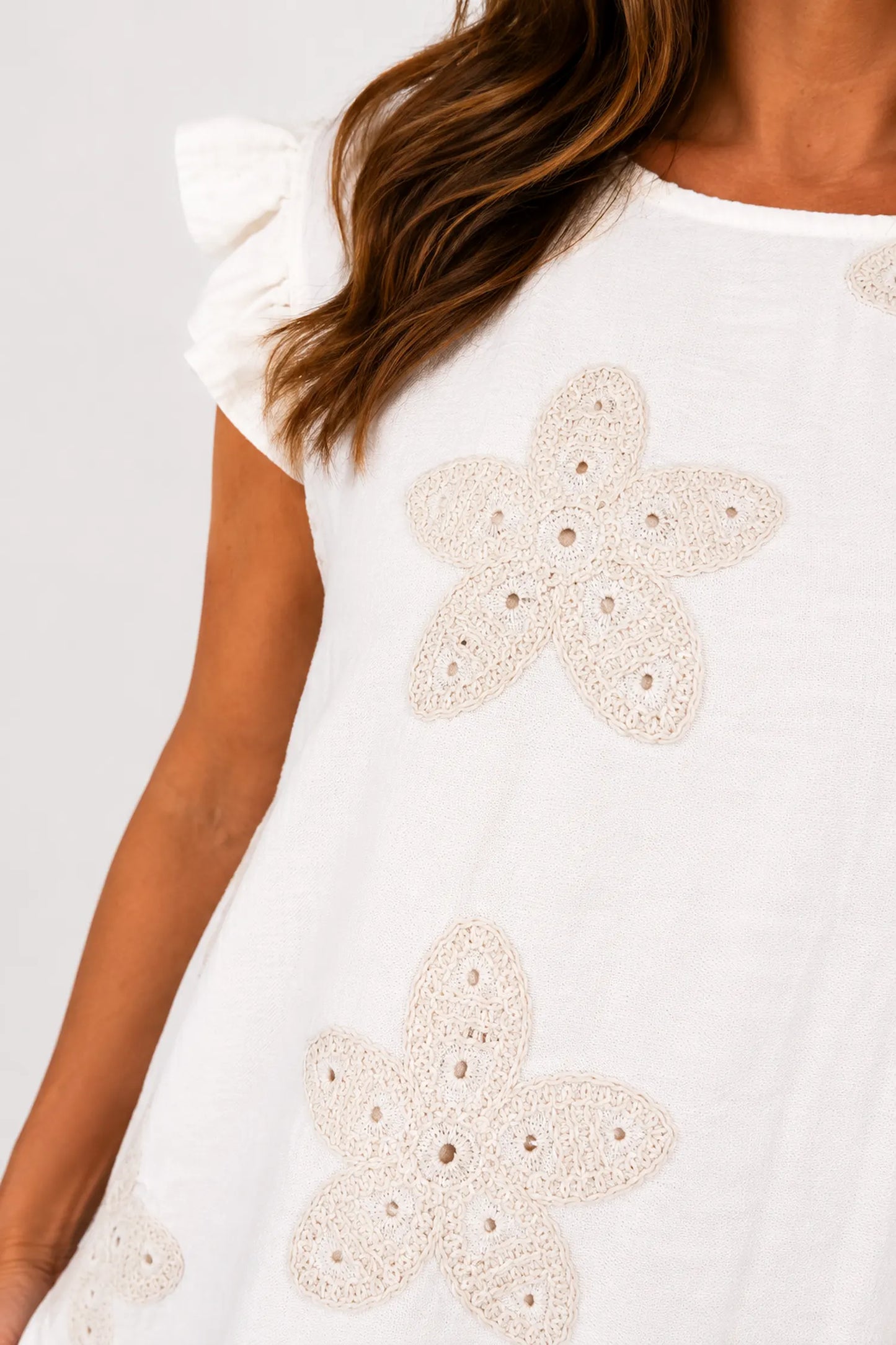 Frill Sleeve Embroidered Floral Detail Sienna Cap Sleeve Top - Beige