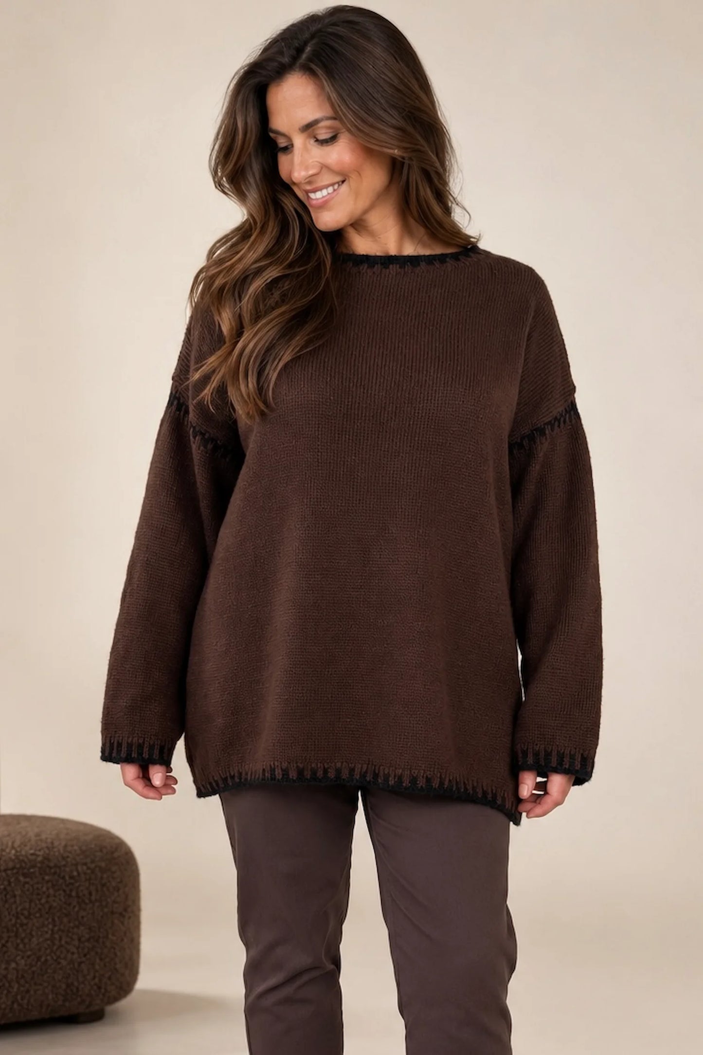 Wool Mix Veronica Lightweight Knit Jumper - Chocolate