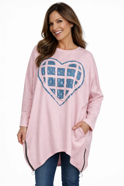 Sparkle Denim Heart Zip Side Detail Maria Sweatshirt - Baby Pink