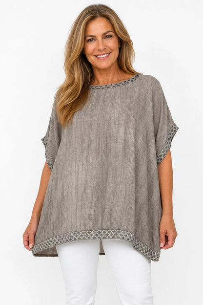 Crochet Lattice Trim Lightly Textured Marsi Top - Mocha