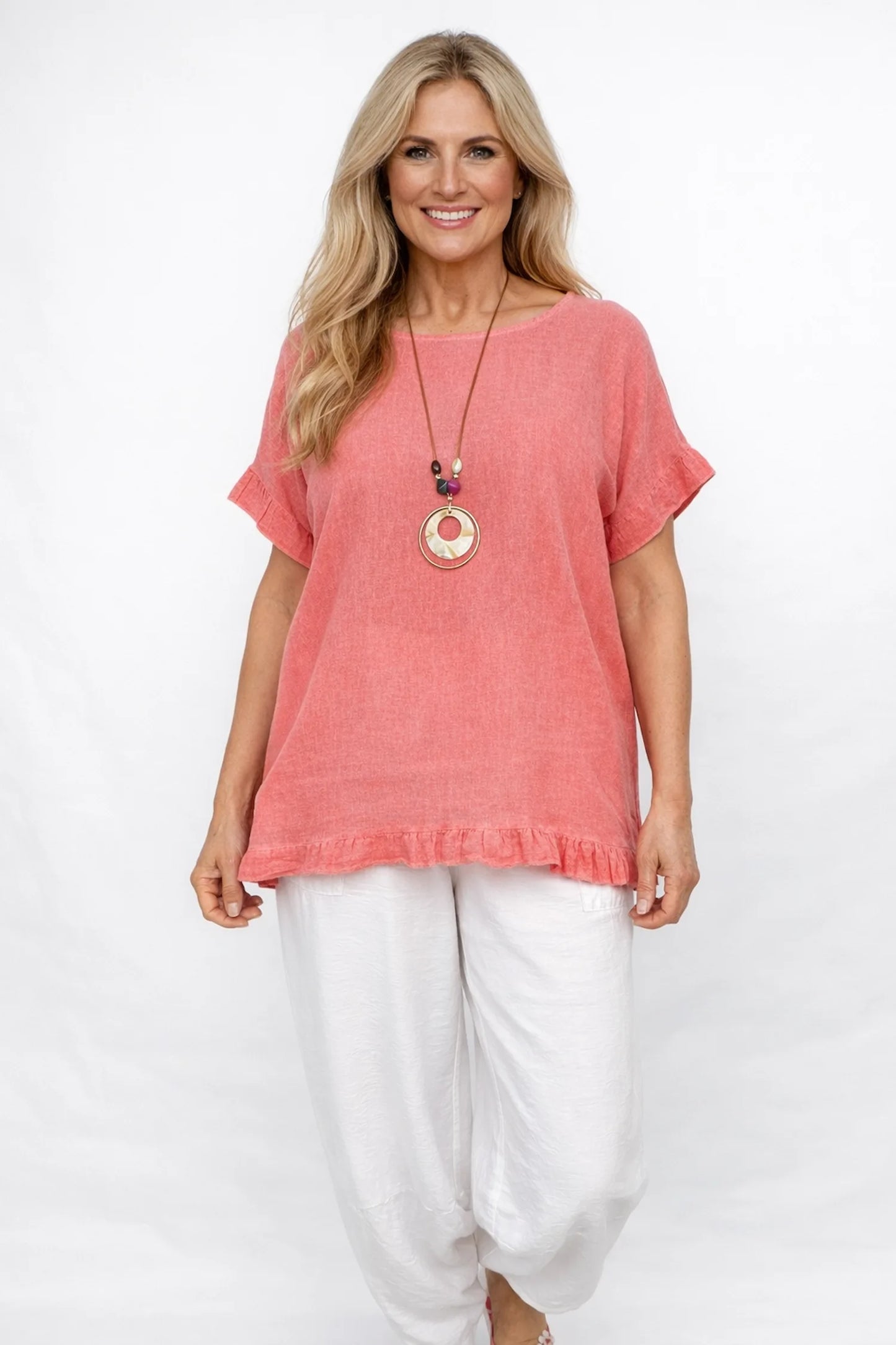 Linen Cotton Mix Frill Sleeve And Hem Iris Necklace Top - Washed Coral